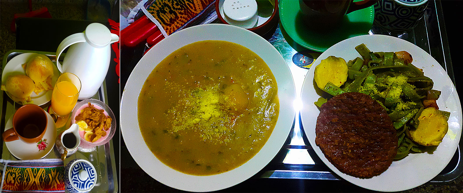 bandeja con desayuno, un plato de sopa y un plato de fondo.