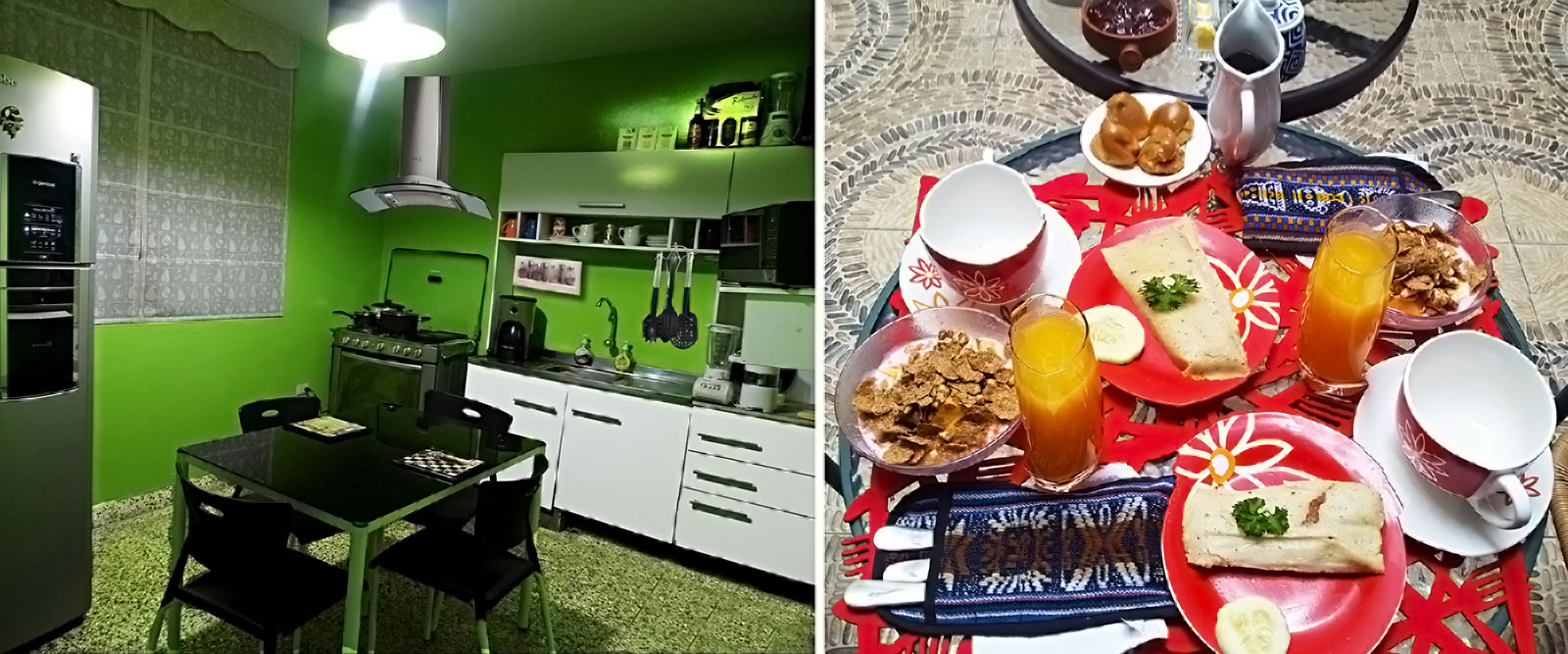 Cocina y bandeja con desayuno suculento.