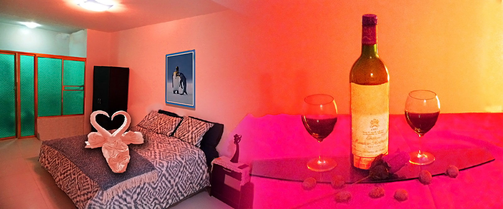 Habitación matrimonial y una botella de vino.