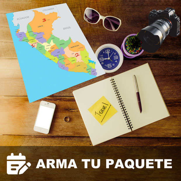 Objetos alusivos a la preparación d eun viaje: cámara fotográfica, cuaderno de notas, lapiceroi, reloj, anteojos, teléfono móvil, mapa del perú.