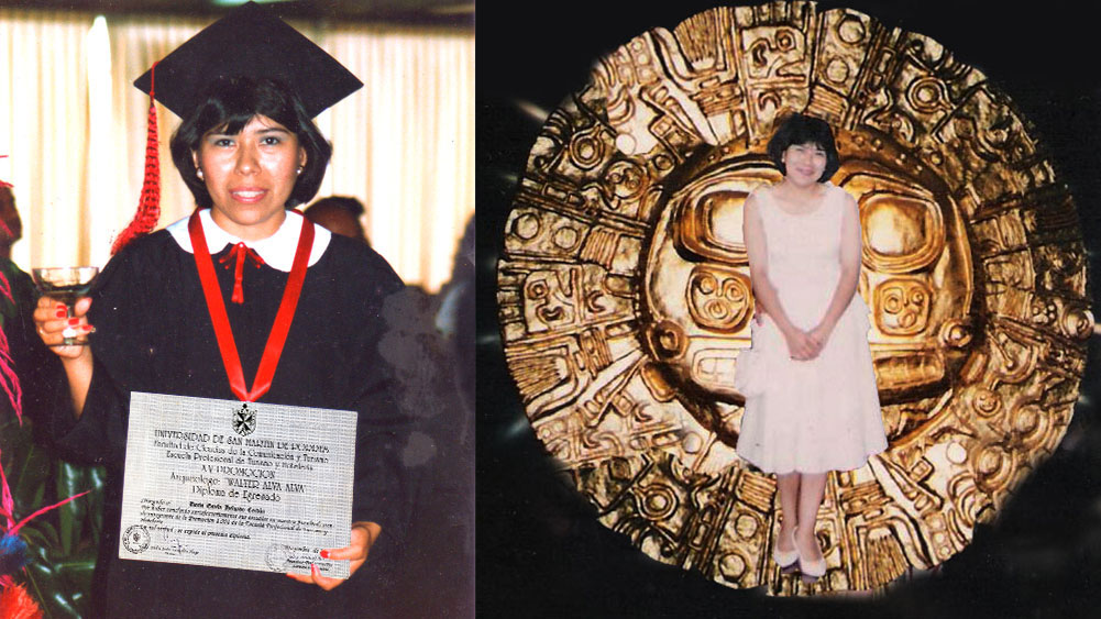 dD con su toga y birrete, una copa de champán y su diploma de egreso. Al costado, una foto de ella en Machu Picchu.