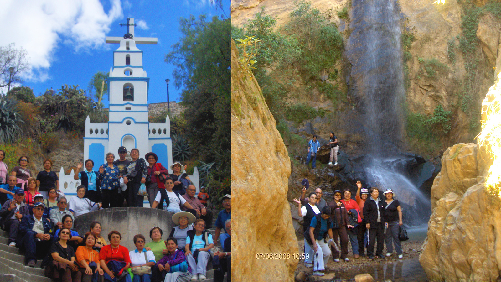 Grupo de señores mayores en el cerro de Santa Aplolonia, u otro grupo ante una catarata, Cajamarca.